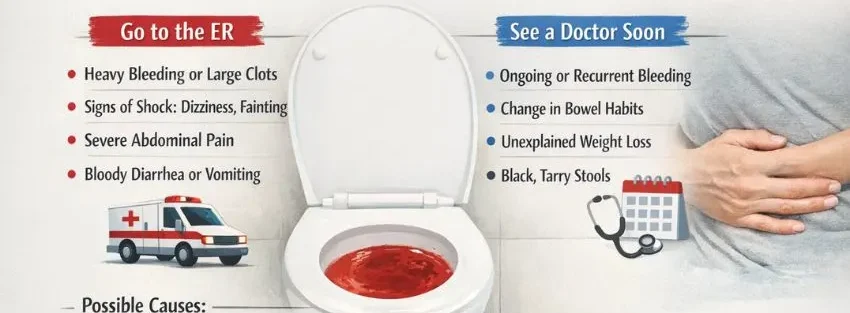 When to worry about blood in stool with symptoms like heavy bleeding, dizziness, fainting, and abdominal pain