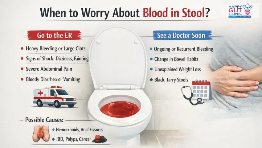 When to worry about blood in stool with symptoms like heavy bleeding, dizziness, fainting, and abdominal pain