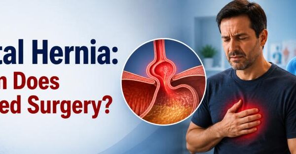 Hiatal Hernia surgery explained by Dr. Jayadatt Pawar showing the stomach moving through the diaphragm with symptoms, acid reflux, and laparoscopic robotic treatment options.